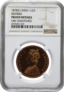 	Extremely Rare Unlisted Graded NGC Proof Copper Half Anna Coin of Victoria Empress of Bombay Mint of 1878.	