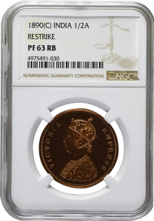 	Extremely Rare PF 63 RB NGC Graded Proof Copper Half Anna Coin of Victoria Empress of Bombay Mint of 1890 dark brown toning.	