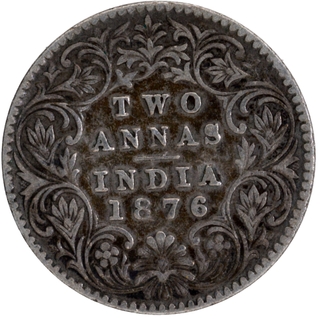 	Most tough dated 1876 Silver Two Annas Coin of Victoria Queen of Calcutta Mint in very Good Condition.	