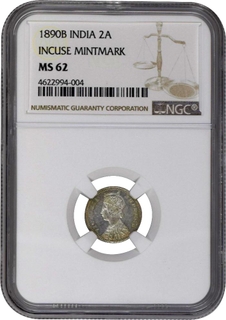 	Very Rare MS 62 NGC Graded Silver Two Annas Coin of Victoria Empress of Bombay Mint of 1890.	