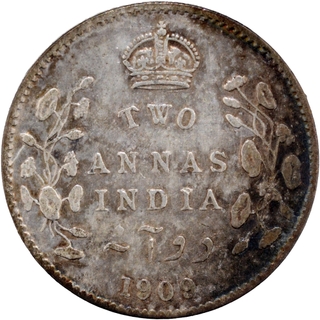 	Very Rare Dated 1909 Silver Two Annas Coin of King Edward VII of Calcutta Mint in toning	