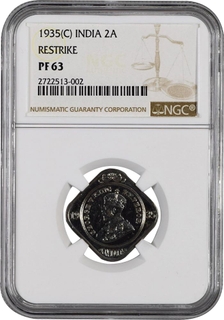 	Extremely Rare 2nd Higest Known NGC PF 63 Proof Cupro Nickel Two Annas Coin of King George V of Calcutta Mint of 1935.	