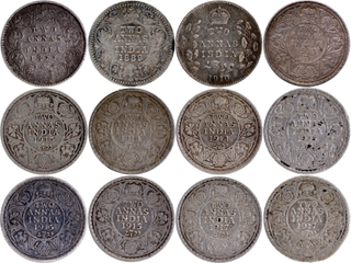 	A lot of 12 mixed year Silver Two Annas Coins of Victoria, Edward, KGV & KGVI in Excellent Conditions.	