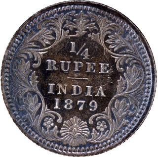 	Very Rare higest graded deep blue iridescent toning Silver Quarter Rupee Coin of Victoria Empress of Calcutta Mint of 1879.	