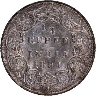 	Very Rare higest graded  unblemished toning Silver Quarter Rupee Coin of Victoria Empress of Bombay Mint of 1894 In un Circulated Condition.	