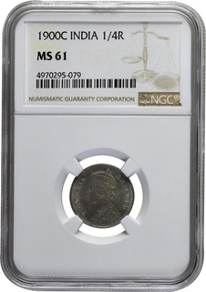 	MS 61 NGC Graded ghost impression Silver Quarter Rupee Coin of Victoria Empress of Calcutta Mint of 1900.	