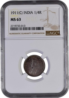 	Extremely Rare MS 63 NGC Graded 1911 Dated Silver Quarter Rupee Coin of King George V of Calcutta Mint.	