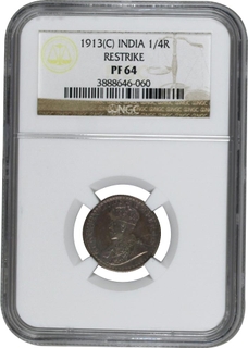 	Exceedingly Rare PF 64 NGC Graded Proof Silver Quarter Rupee Coin of King George V of Calcutta Mint of 1913in gleaming surface.	