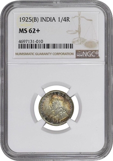 MS 62+ NGC Graded  Silver Quarter Rupee Coin of King George V of Bombay Mint of 1925 with deep blue iridescent toning.