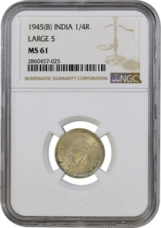 	NGC Graded MS 61 Rare Large 5 Silver Quarter Rupee Coin of King George VI of Bombay Mint of 1945 in Highest Grade.	