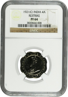 	Rare Spotless Mirror PF 64 NGC Graded Proof Cupro Nickle Four Annas Coin of King George V of Calcutta Mint of 1921.	