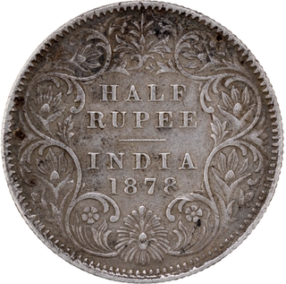 	Difficult dated 1878 Silver Half Rupee Coin of Victoria Empress of Calcutta Mint.	