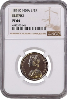 Unlisted Highest Known graded as PF 64 by NGC Proof Silver Half Rupee Coin of Victoria Empress of Calcutta Mint of 1891.