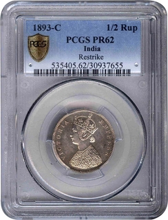 Highest and only graded in PCGS as PR 62 Proof Silver Half Rupee Coin of Victoria Empress of Calcutta Mint of 1893.