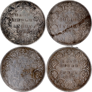 A lot of 4 Silver Half Rupee Coins of Victoria Empress of Bombay Mint of 1888, 1892, 1894 & 1897 Years.