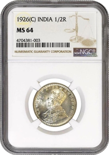 	Rare MS 64 NGC Graded Silver Half Rupee Coin of King George V of Calcutta Mint of 1926 with original luster.	