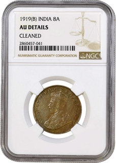 	Rare AU NGC Graded Cupro Nickel Eight Annas Coin of King George V of Bombay Mint of 1919 with Lovely toning.	