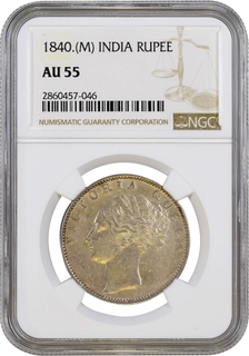 	Unlisted NGC Slabbed AU 55 Silver One Rupee Coin of Victoria Queen of Madras Mint of 1840  of Continuous Legend.	