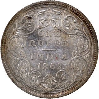 	1864 (Actul Minitng year) Silver One Rupee Coin of Victoria Queen of Calcutta Mint of 1862 without initial J.	