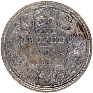 Extremely Rare 1865 (Actul Minitng year) Silver One Rupee Coin of Victoria Queen of Bombay MInt of 1862 without initial J.