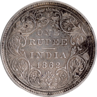 	1870 (Actul Minitng year) Silver One Rupee Coin of Victoria Queen of Bombay Mint of 1862 without initial J.	