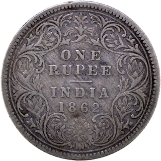 	Exceedingly Rare & Unlisted Silver One Rupee Coin of Victoria Queen of Calcutta Mint of 1862 with ghost impression.	