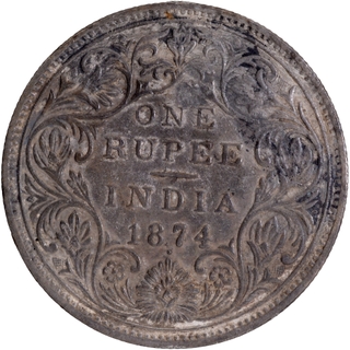 	Rare Silver One Rupee Coin of Victoria Queen of Bombay Mint of 1874 fully toned In un Circulated Condition.	