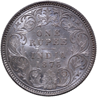 Ghost impression long 5 Silver One Rupee Coin of Victoria Queen of Calcutta Mint of 1875.