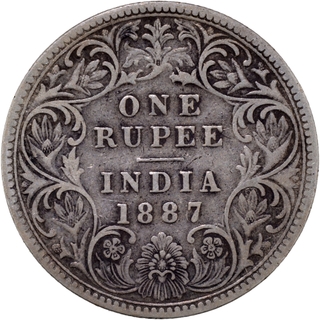 	Rare Unlisted Type Silver One Rupee Coin of Victoria Empress of Bombay Mint of 1887, 6 seen behind last numeral 7.	