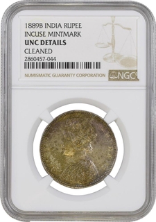 	Toning & NGC graded as UNC DETAILS Silver One Rupee Coin of Victoria Empress of Bombay Mint of 1889.	