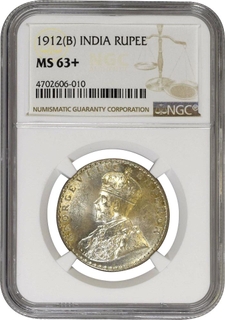 MS 63+ NGC Graded  Silver One Rupee Coin of King George V of Bombay Mint of 1912 with toning.