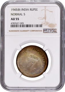 	NGC Graded as AU Silver One Rupee Coin of King George VI of Bombay Mint of 1945 with ghost impression.	