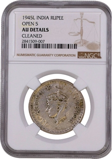 	Very Rare NGC Graded as AU Silver One Rupee Coin of King George VI of Lahore Mint of 1945.	