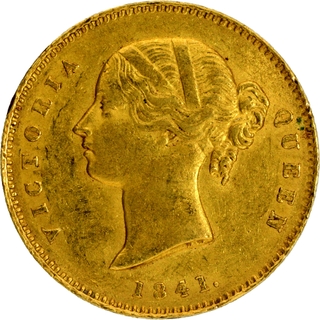 	Exceedingly Rare Unlisted Type partially double struck faced Gold One Mohur Coin of Victoria Queen of Calcutta Mint of 1841.	