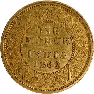 Never offered Exceedingly Rare Gold One Mohur Coin of Victoria Queen of Calcutta Mint of 1862.