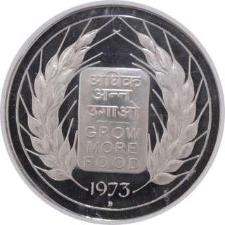 	Rare PF 66 ULTRA CAMEO NGC Graded Proof Silver Twenty Rupees Coin of Grow More Food of Bombay Mint of 1973 of Republic India.	