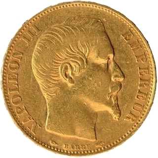 Gold Twenty Francs Coin of Nepoleon III of France of 1854, the date in three lines surrounded by a laurel wreath.