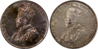 Silver Fifty Cents 2 Coins of King George V of Straits Settlements, year at the bottom.