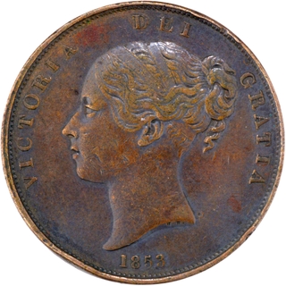 	Rare Copper One Penny Coin of Victroria Queen of 1853 of United Kingdom.	