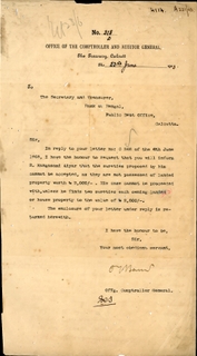 Extremely Rare Hand Signed Autograph Letter by Ex Comptroller General O T Barrow of 1903 of Bank of Bengal In Extremely fine Condition.