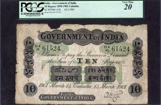 	Extremely Rare Survived Specimen Uniface Ten Rupees Banknote Signed by A F Cox of 1901, graded 20 by PCGS.	