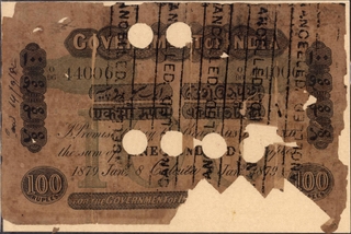 Exceedingly Rare Uniface One Hundred Rupees Cancelled Banknote of Victoria Empress of 1879.