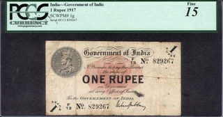 	Rare Correct Gujarati One Rupee Banknotes of King George V Signed by M M S Gubbay of 1917 of Universalised Circle graded 15 Fine by PCGS.	