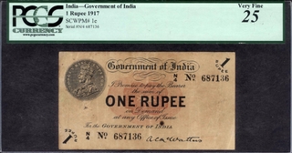 	Very Rare PCGS 25 Graded One Rupee Banknote of King George V Signed by A C McWatters of 1917 of Universalised Circle good for 786 Collectores.	