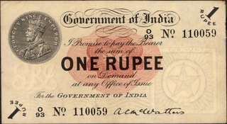 	Extremely Rare High gradeed One Rupee Banknote of King George V Signed by A C McWatters of 1917 of Universalised Circle In un Circulated Condition.	