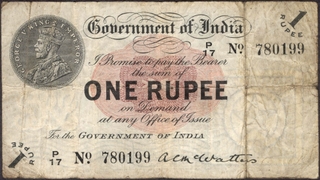 	Rare One Rupee Banknote of King George V Signed by A C McWatters of 1917 of Universalised Circle in Correct Gujarati.	