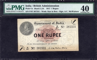 	Very Rare One Rupee Banknote of King George V Signed by A C McWatters of 1917 of Universalised Circle.	