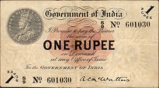 	Very Rare One Rupee Banknote of King George V Signed by A C McWatters of 1917 of Universalised Circle in Correct Gujarati.	