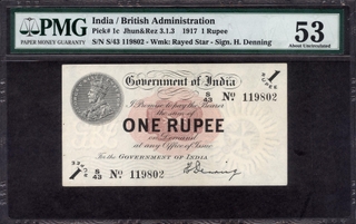 Extremely Rare Highly graded One Rupee Banknote of King George V Signed by H Denning of 1917 of Universalised Circle.