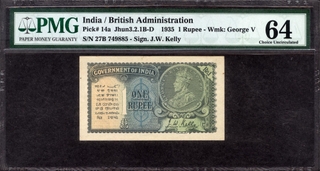 	Very Rare immaculate quality One Rupee Banknote of King George V Signed by J W Kelly of 1935 graded as 64 Choice Uncirculated by PMG.	